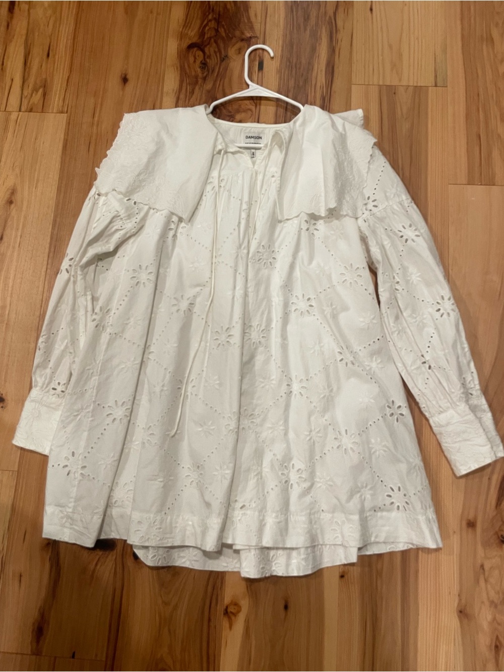 Damson Madder White Eyelet Long Sleeve Dress with Statement Collar